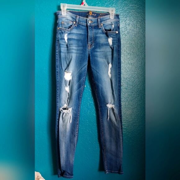 7 FOR ALL MANKIND Womens Size 4 (27) Ankle Skinny Distressed Denim Jeans - Picture 1 of 10